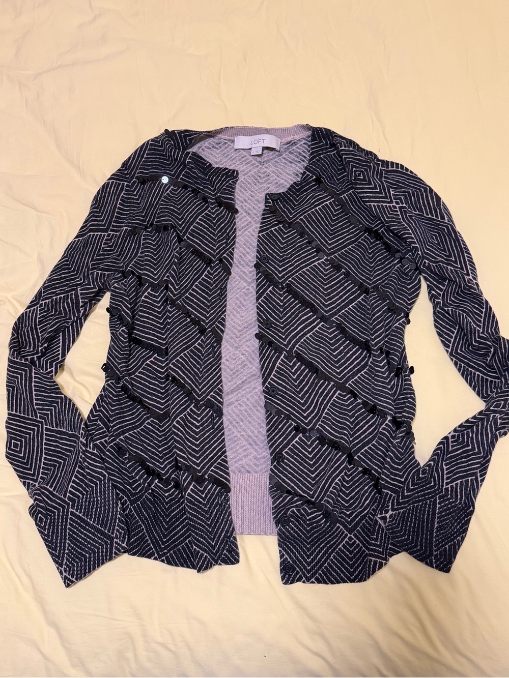LOFT Black and White Sequin Geometric Open Cardigan